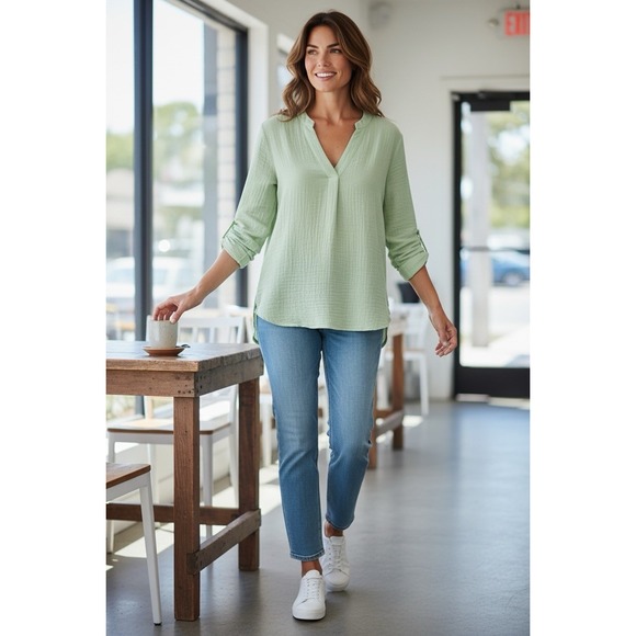 J. Jill Tops - 🔥J.Jill Cotton-Gauze 💚V-Neck Tunic Blouse Boho Comfort Cool Lg petite $79